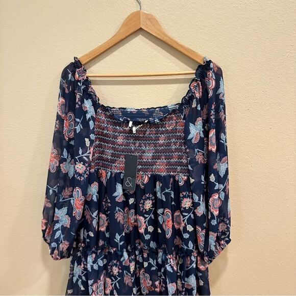 NWT Sachin & Babi Blue Floral Square Neck Smocked Long Sleeve Mini Dress Small - Picture 4 of 11